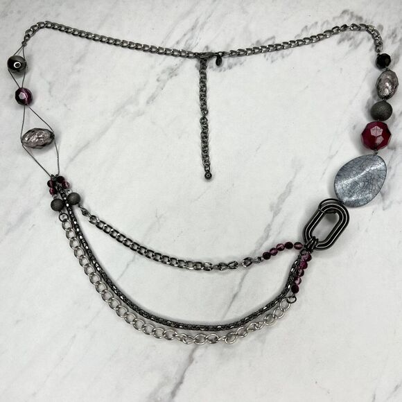 Chico's Beaded Dark Silver Tone Chain Link Statement Necklace - Picture 10 of 12